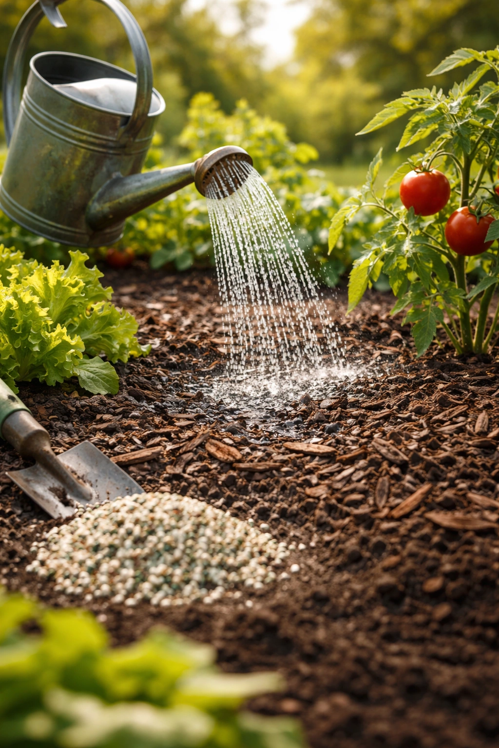 Mulched garden bed with watering and fertilizer granules illustrating best practices