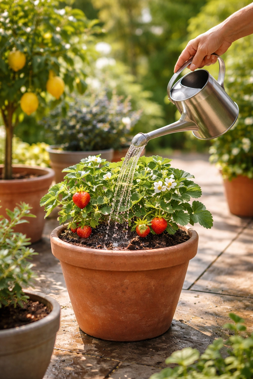 Hand watering a potted fruit plant on a sunny patio