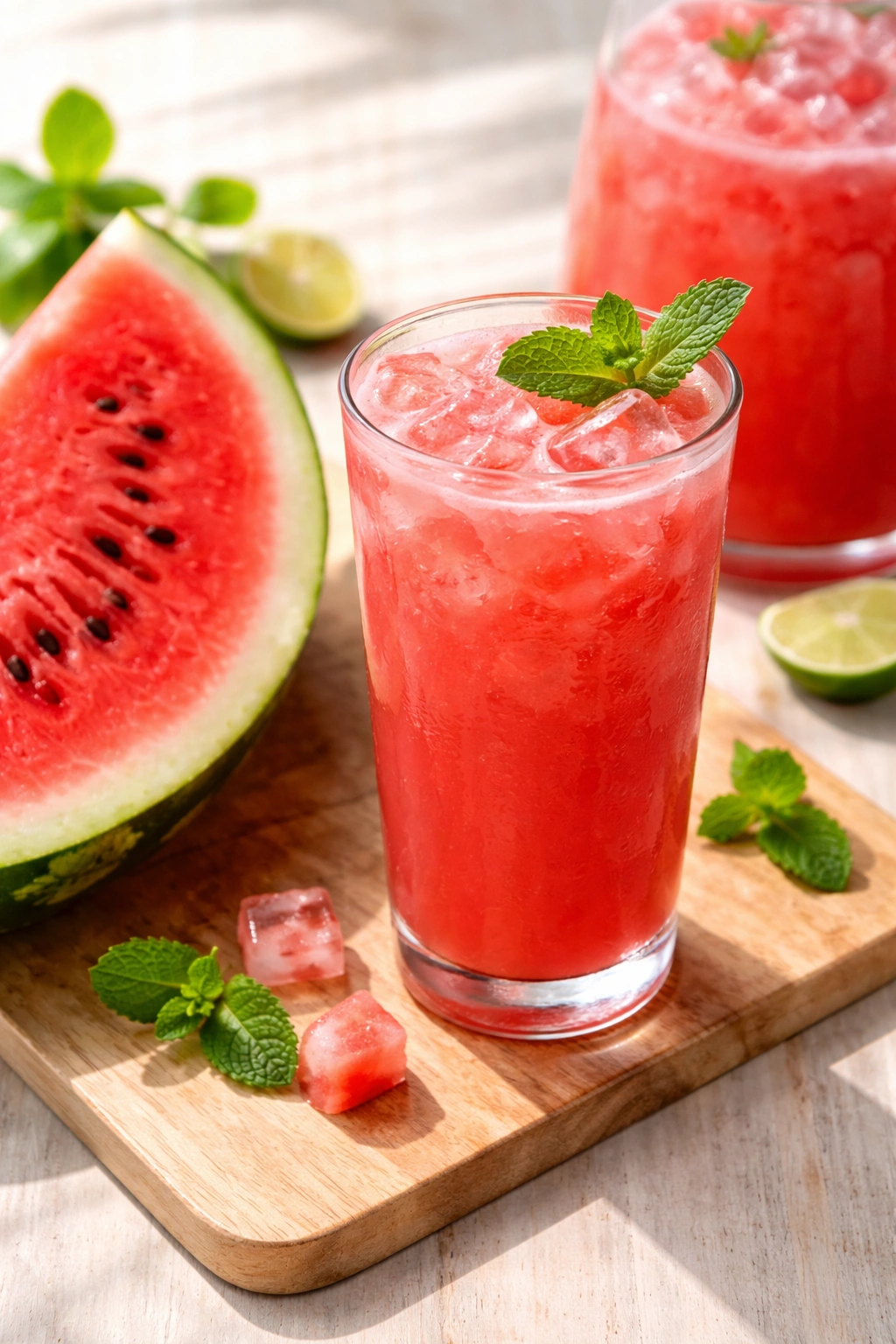 Watermelon slices and glass of agua fresca on a wooden surface