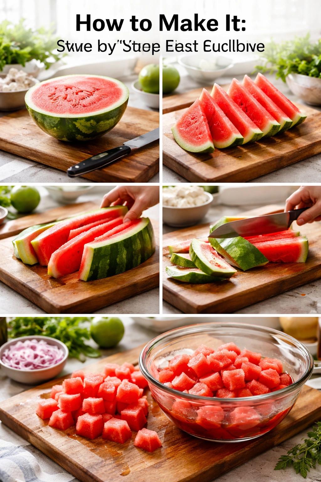 Sequence of watermelon preparation steps: halved, wedges, rind removal, cubed flesh, and onion soaking, in a clean kitchen