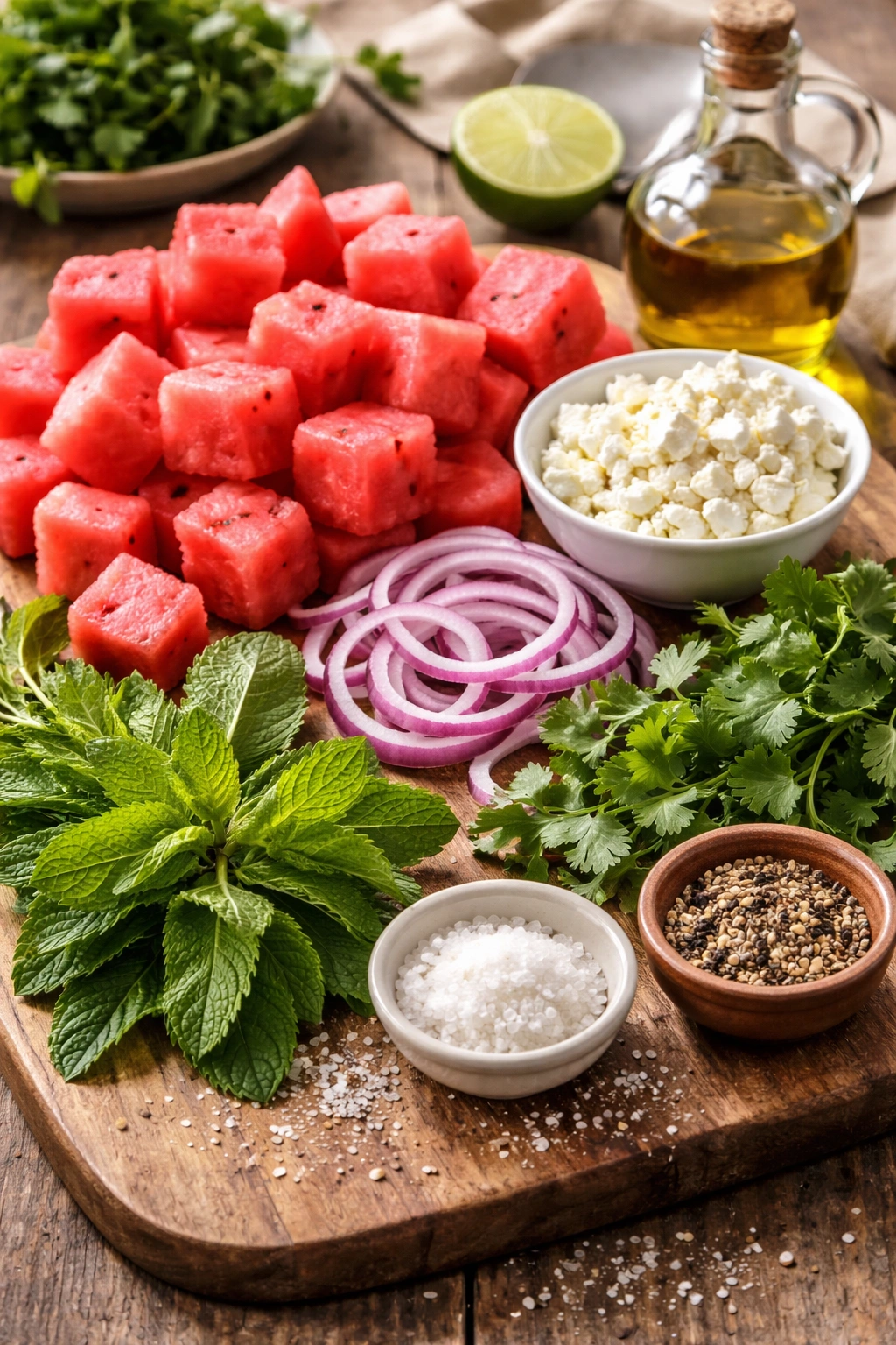 Close-up of watermelon cubes, feta crumbles, red onion, mint, cilantro on wooden board