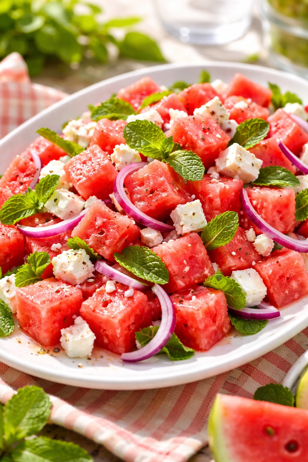 Watermelon feta salad with mint and red onion on a white platter