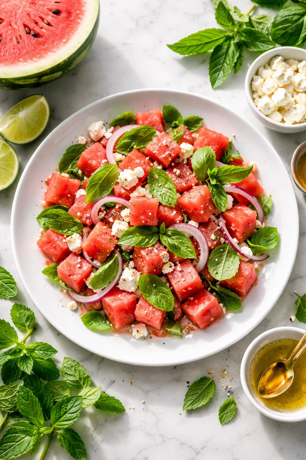 Watermelon salad with feta, mint, basil and red onion on plate