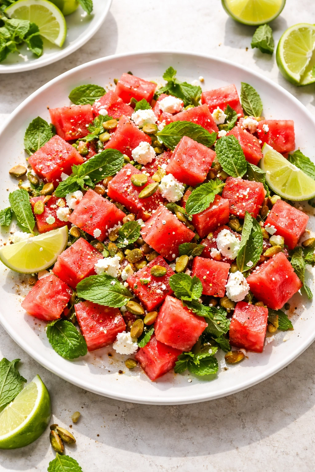Watermelon salad with feta mint lime and pistachios on plate