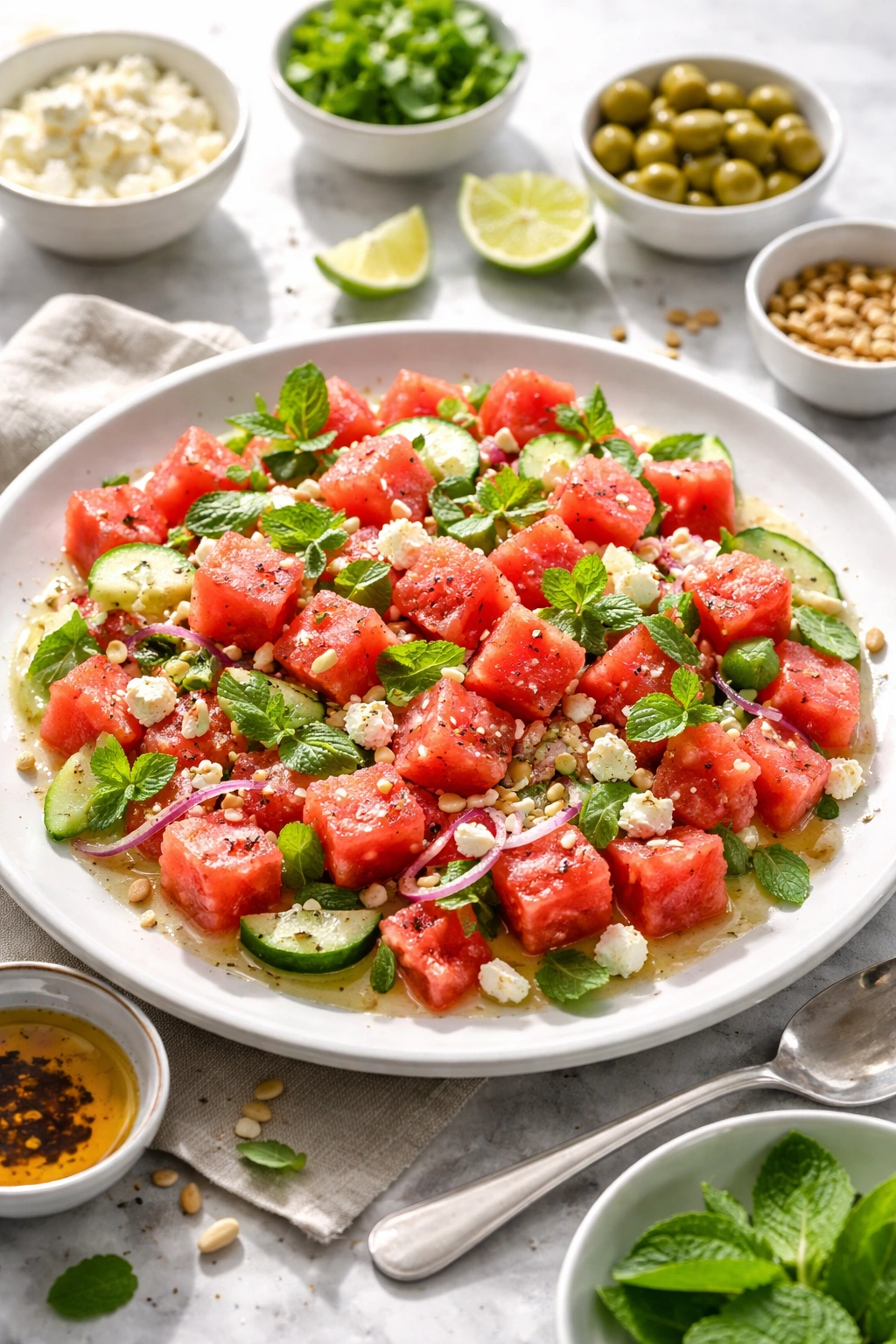 Watermelon salad with feta and mint on a plate, representing easy variations