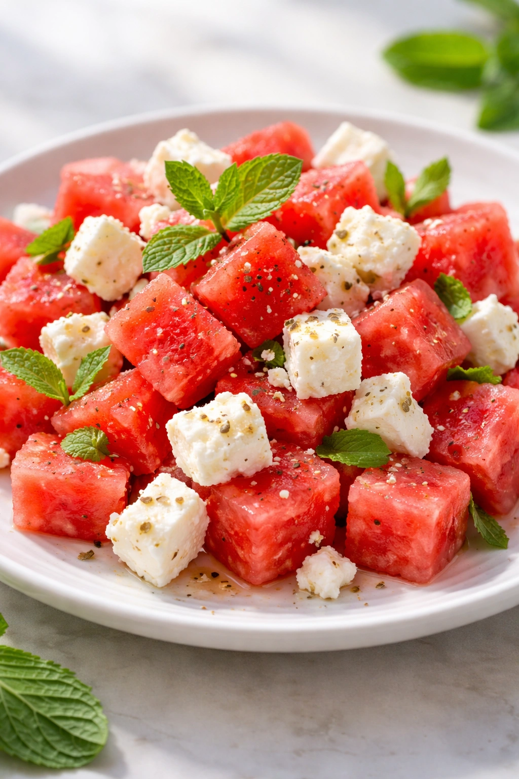Close-up of watermelon cubes and feta on plate highlighting the sweet-salty pairing