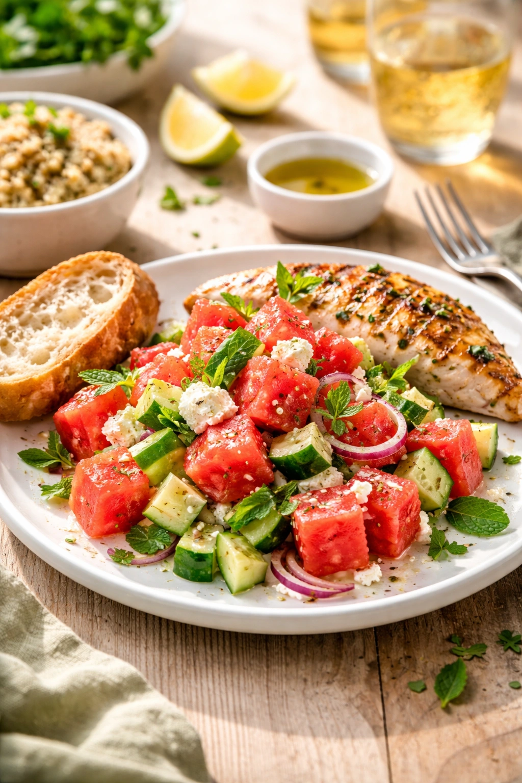 Plated watermelon feta salad with bread and grilled chicken as a light lunch pairing