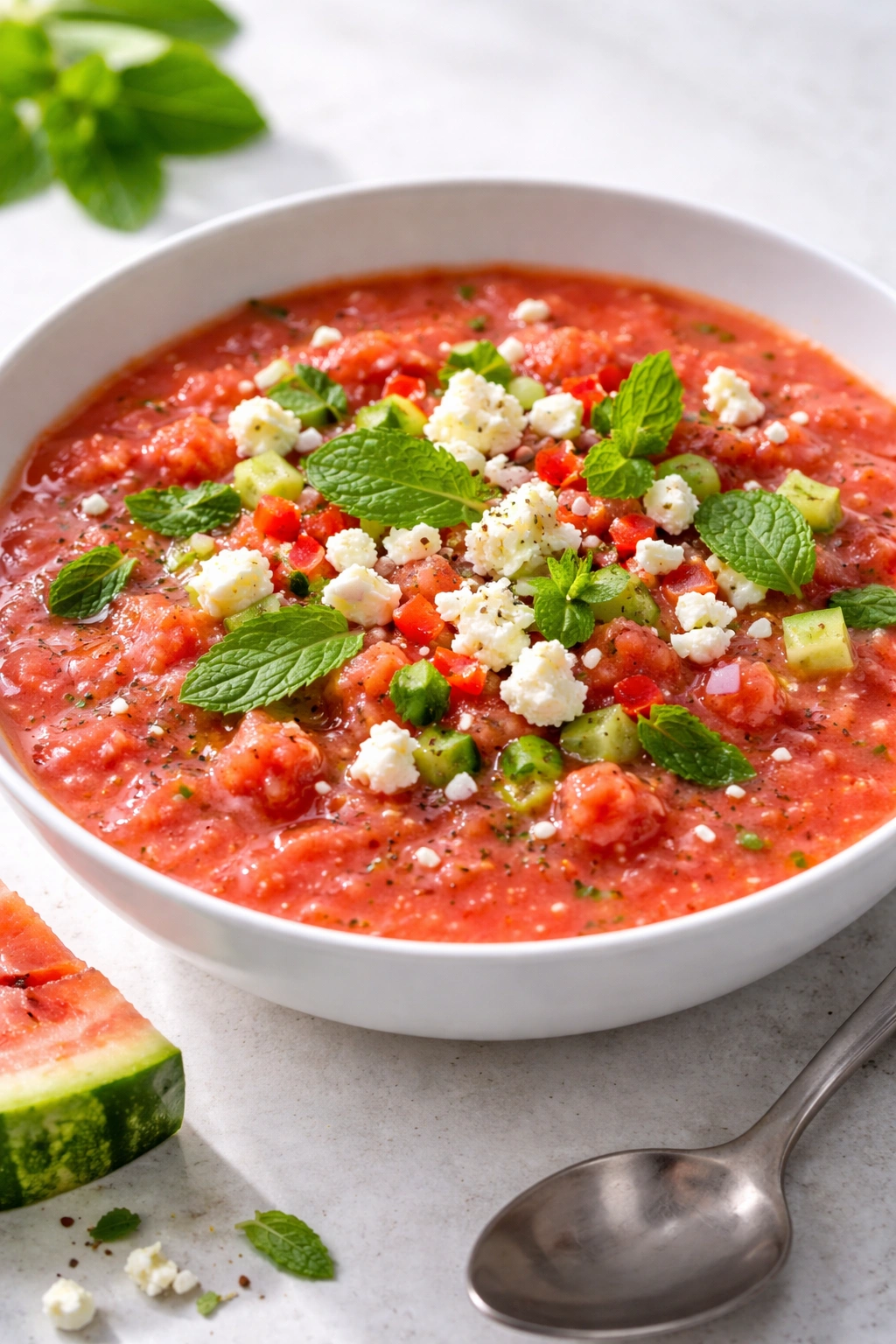 Close-up of watermelon gazpacho with feta and mint in a bowl