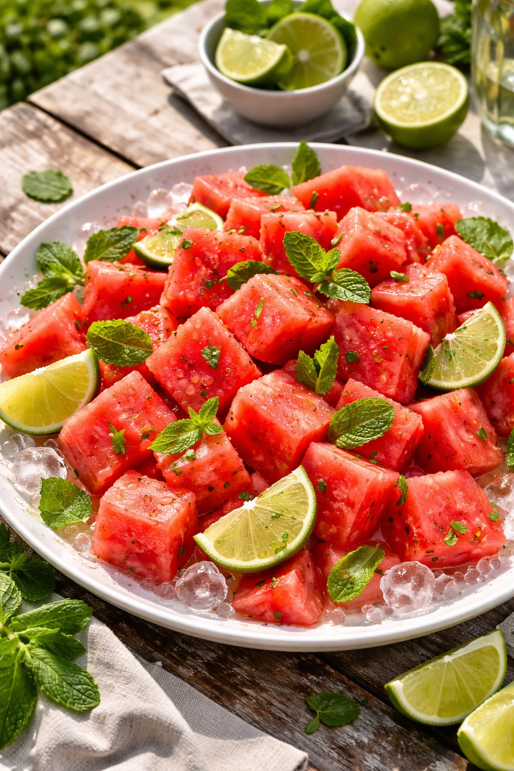 Juicy watermelon cubes with lime juice and mint on a chilled platter