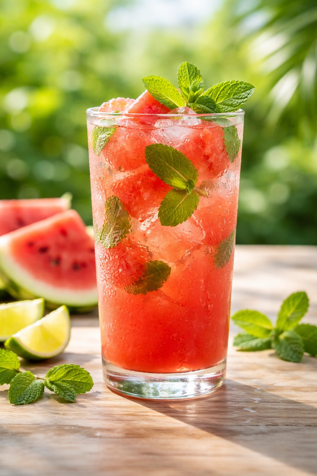 Close-up of a Watermelon Mint Cooler in a glass with mint and watermelon pieces, condensation visible