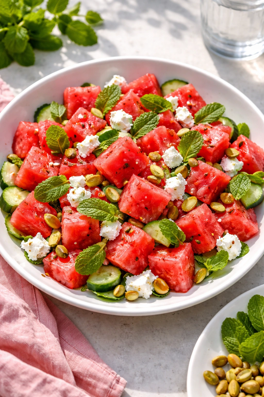 Close-up of watermelon salad with feta and mint on a white plate in natural daylight