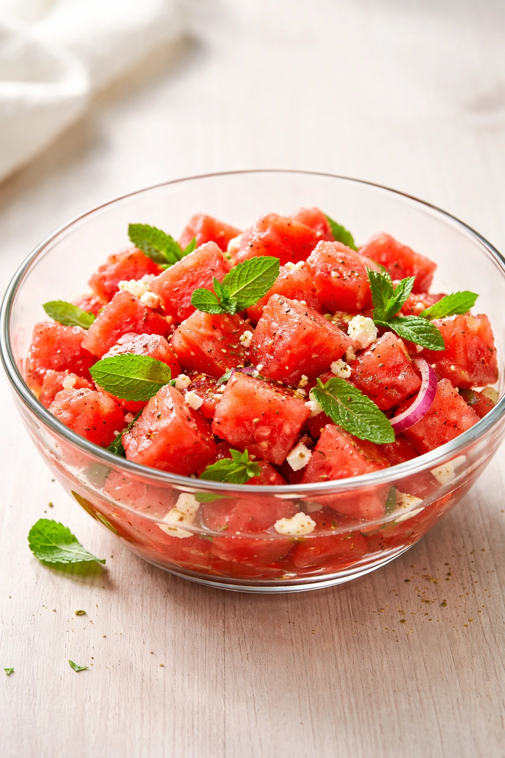 Close-up of watermelon salad in a glass bowl on a light wooden surface with mint leaves and olive oil