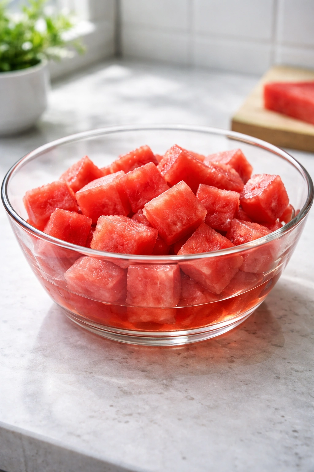 Watermelon chunks with excess juice pooling in a bowl, illustrating common salad mistakes