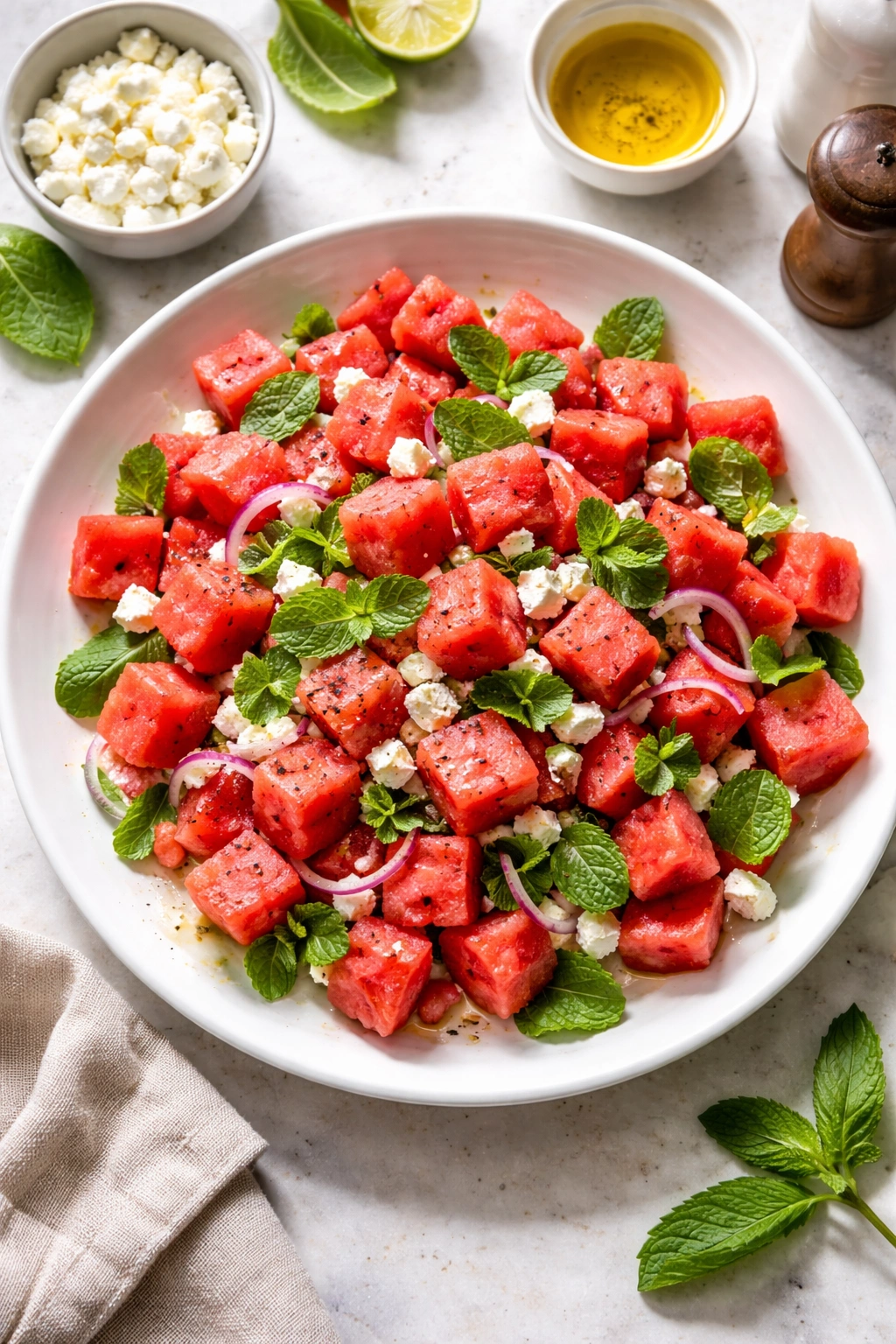 Watermelon salad ready to serve on plate