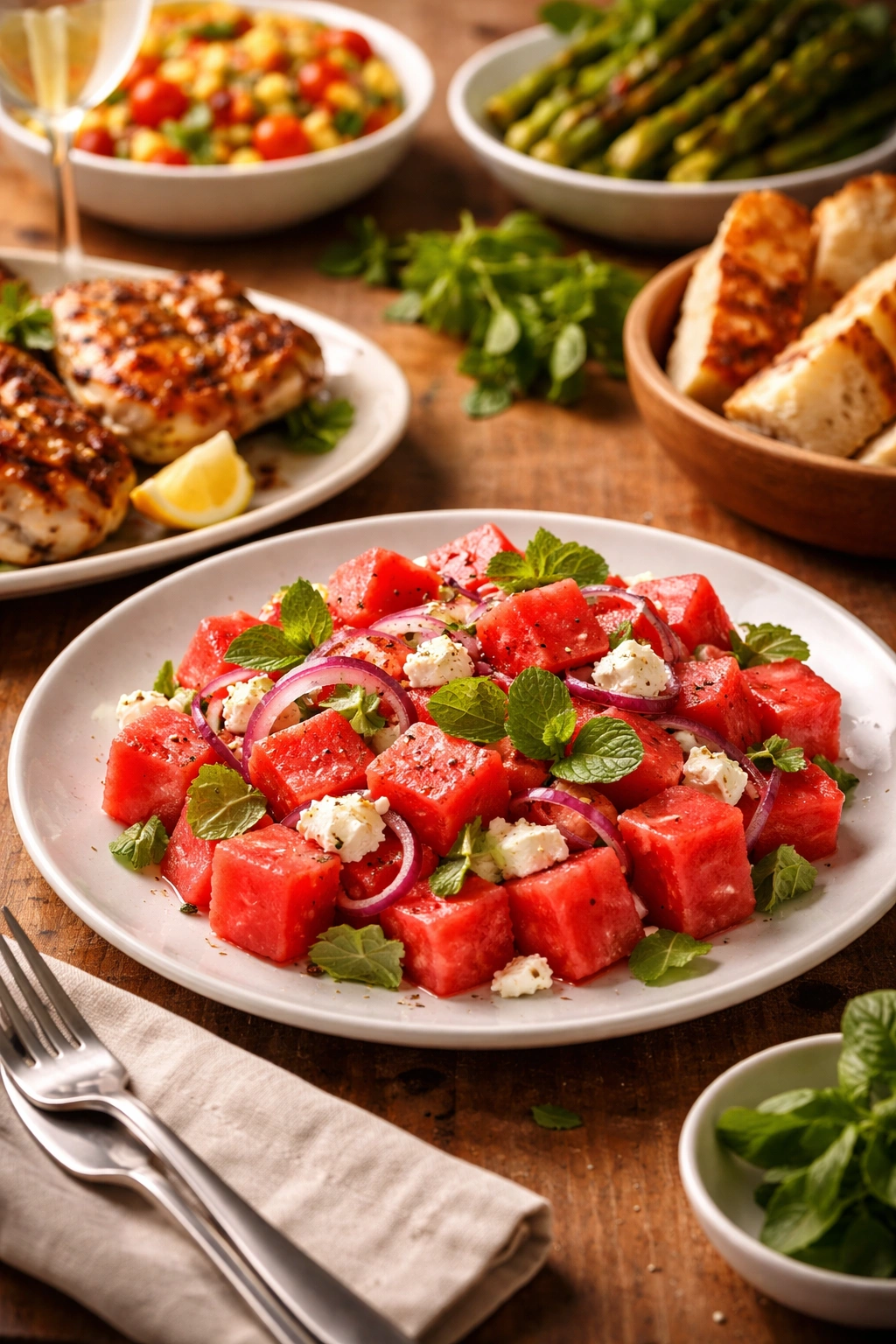Watermelon salad plated with feta and mint ready to serve