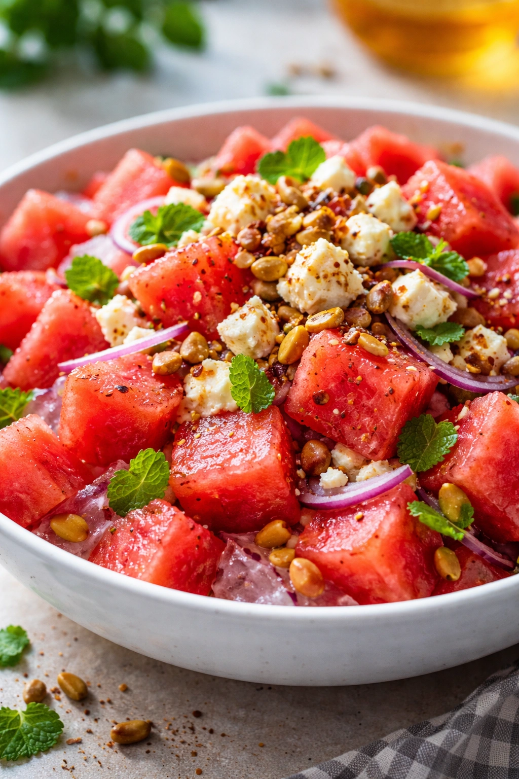 Watermelon salad with cool watermelon and warm toppings showing temperature contrast