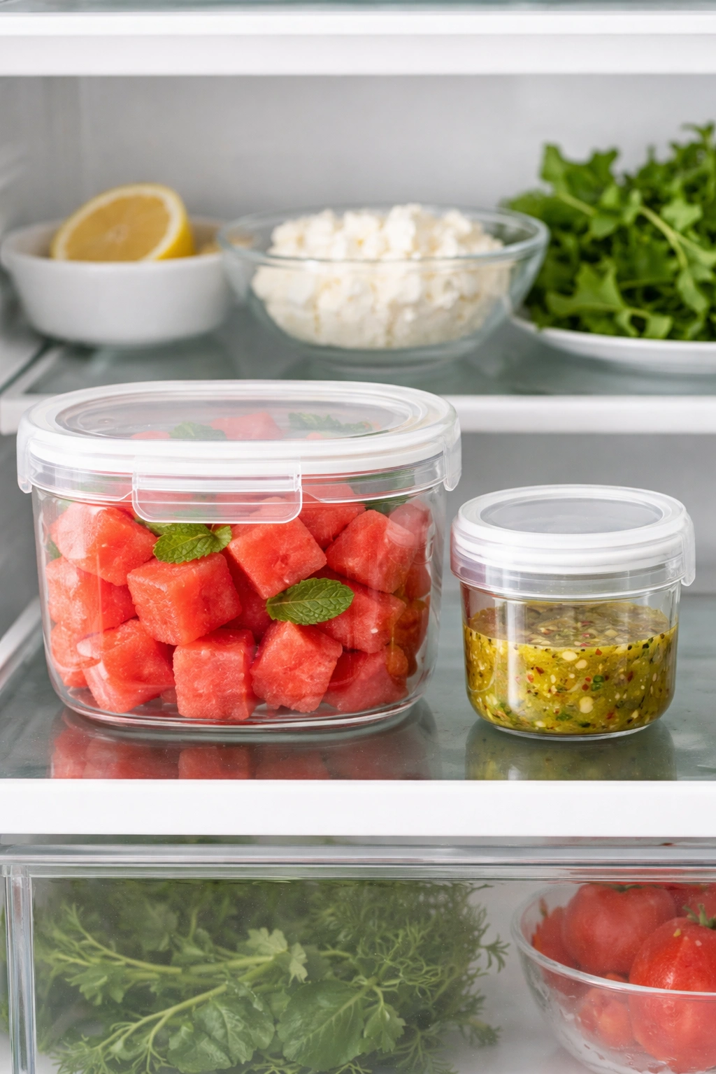 Fridge storage with watermelon cubes and separate dressing container