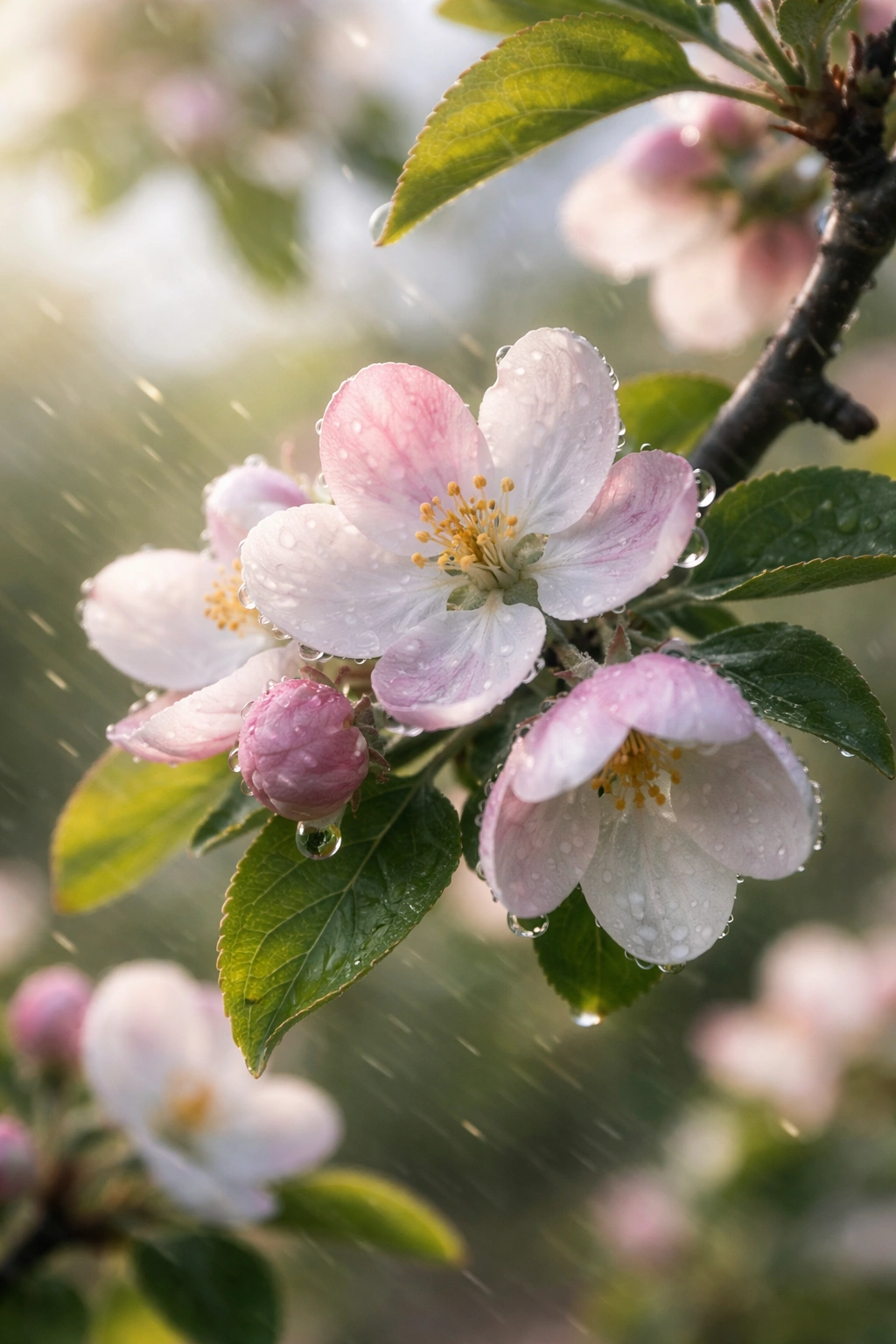 Apple blossom with dew and gentle breeze in an orchard