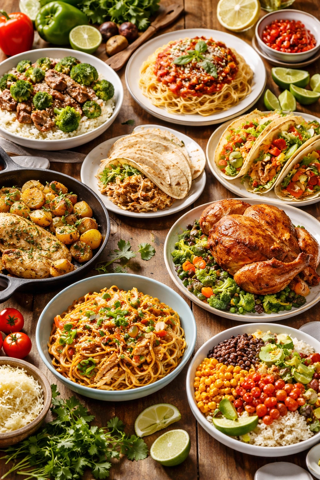 Assorted budget-friendly meals arranged to suggest a weekly menu