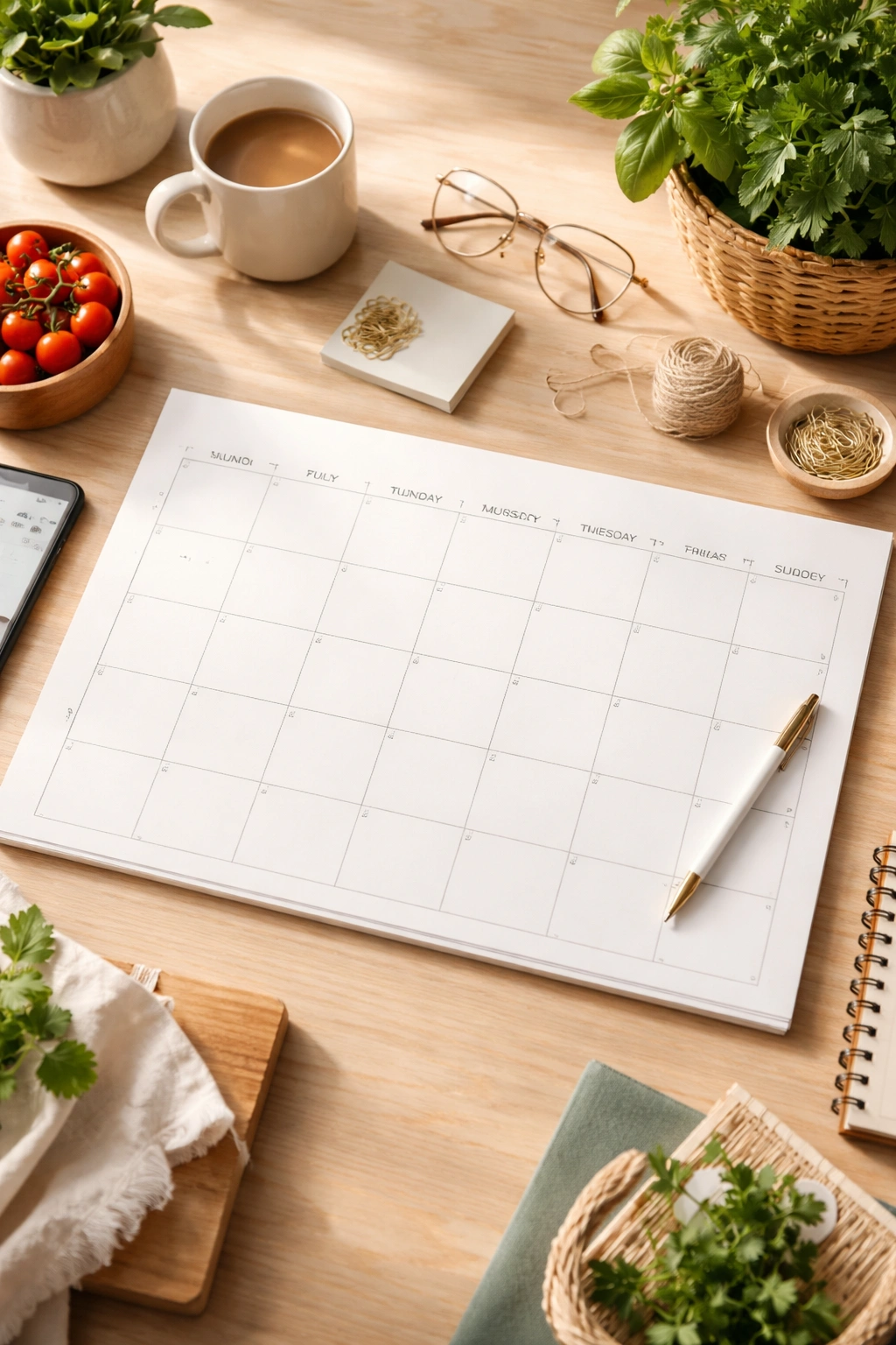 Blank weekly calendar grid on a clean desk for meal planning