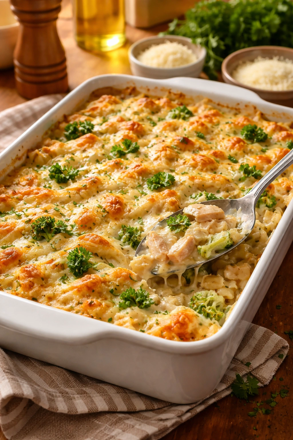 Baked chicken Alfredo casserole with golden cheese top on kitchen counter