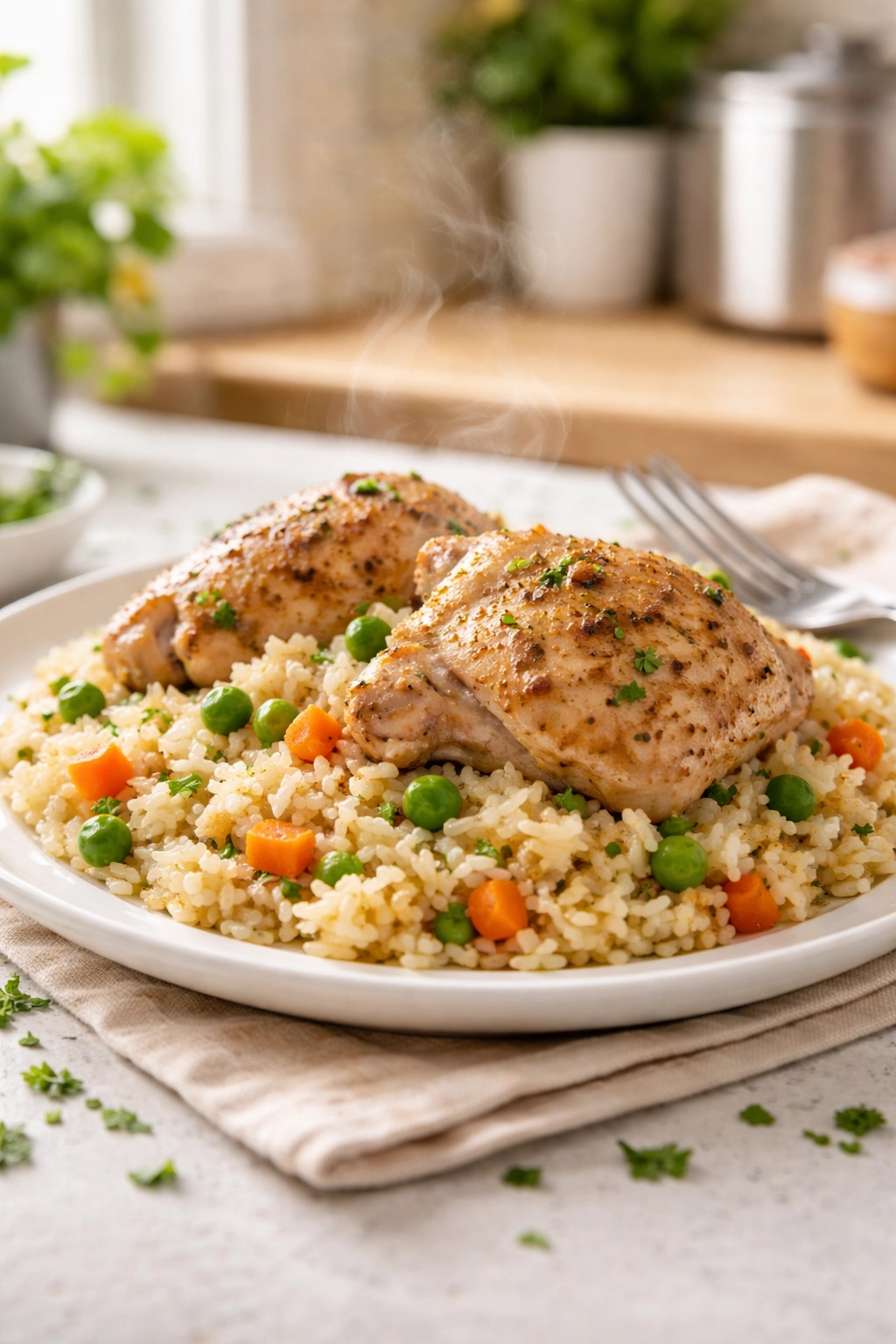 Close-up plate of chicken and rice with steam and garnish