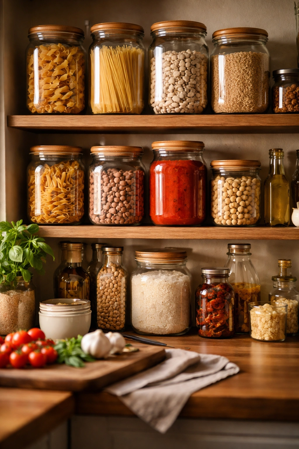 Organized pantry shelf with jars ready for quick weeknight cooking