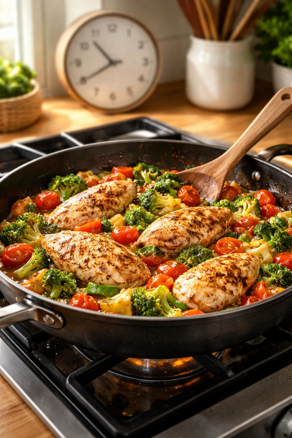 One-pan weeknight dinner on the stove showing a quick chicken and vegetable dish