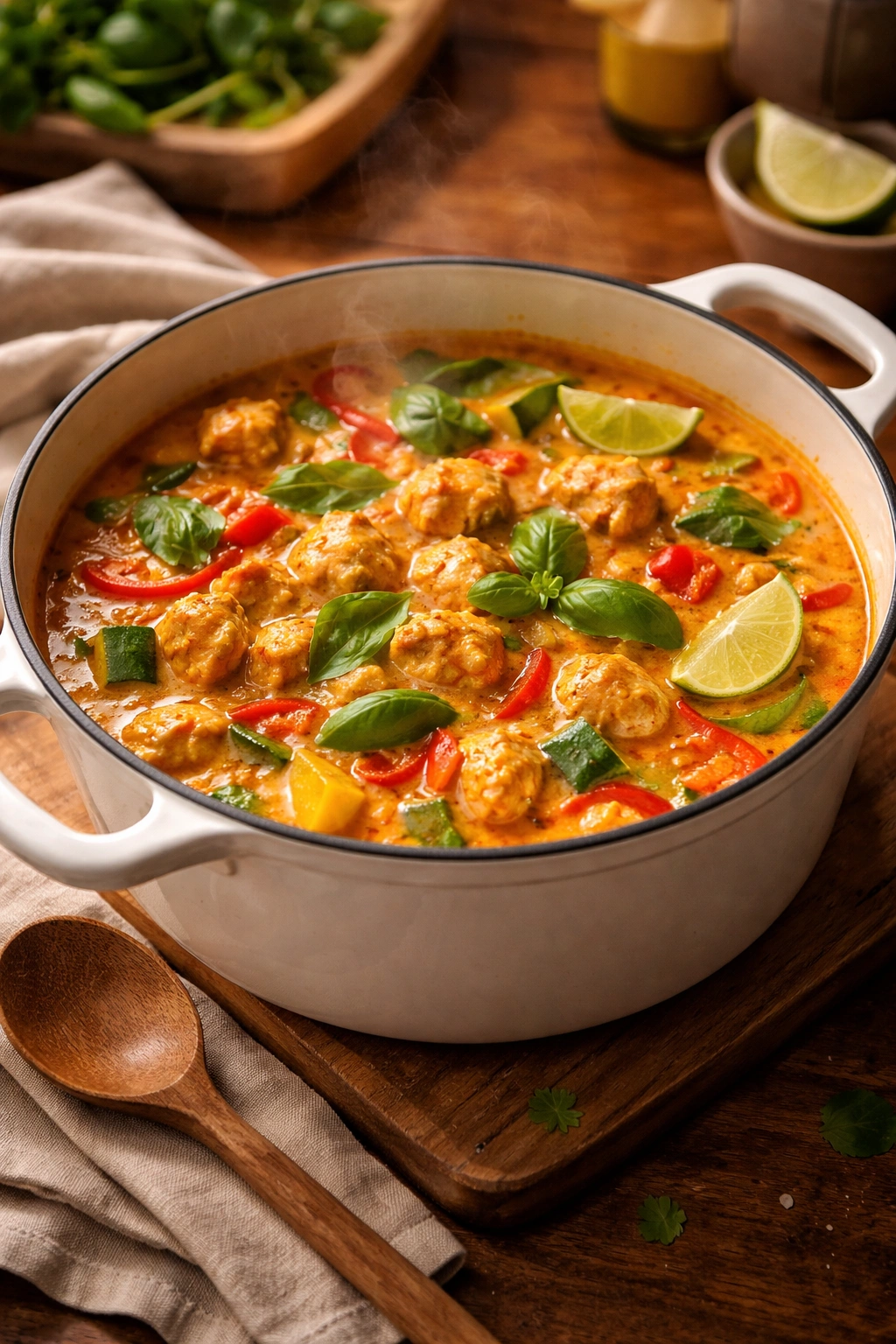 Casserole of Thai curry resting on kitchen counter