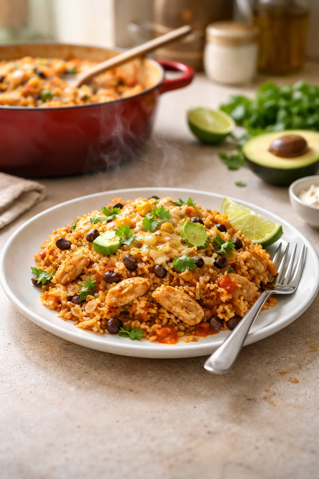 Finished enchilada rice plate with fresh produce in a clean kitchen