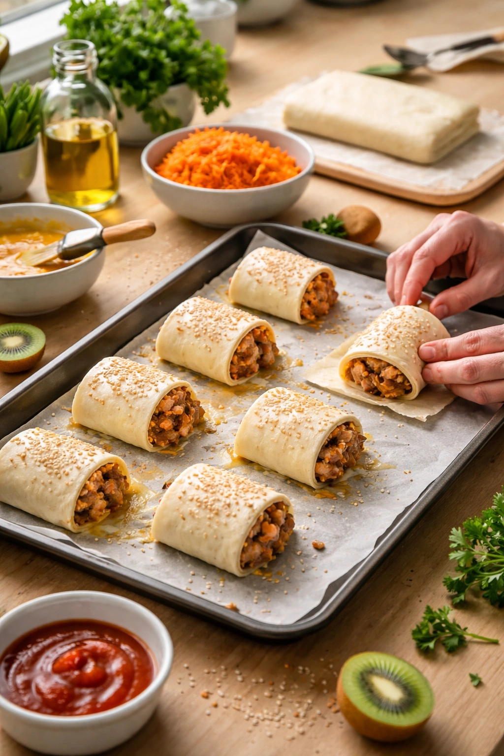 Kiwi-style sausage rolls being made on a kitchen counter