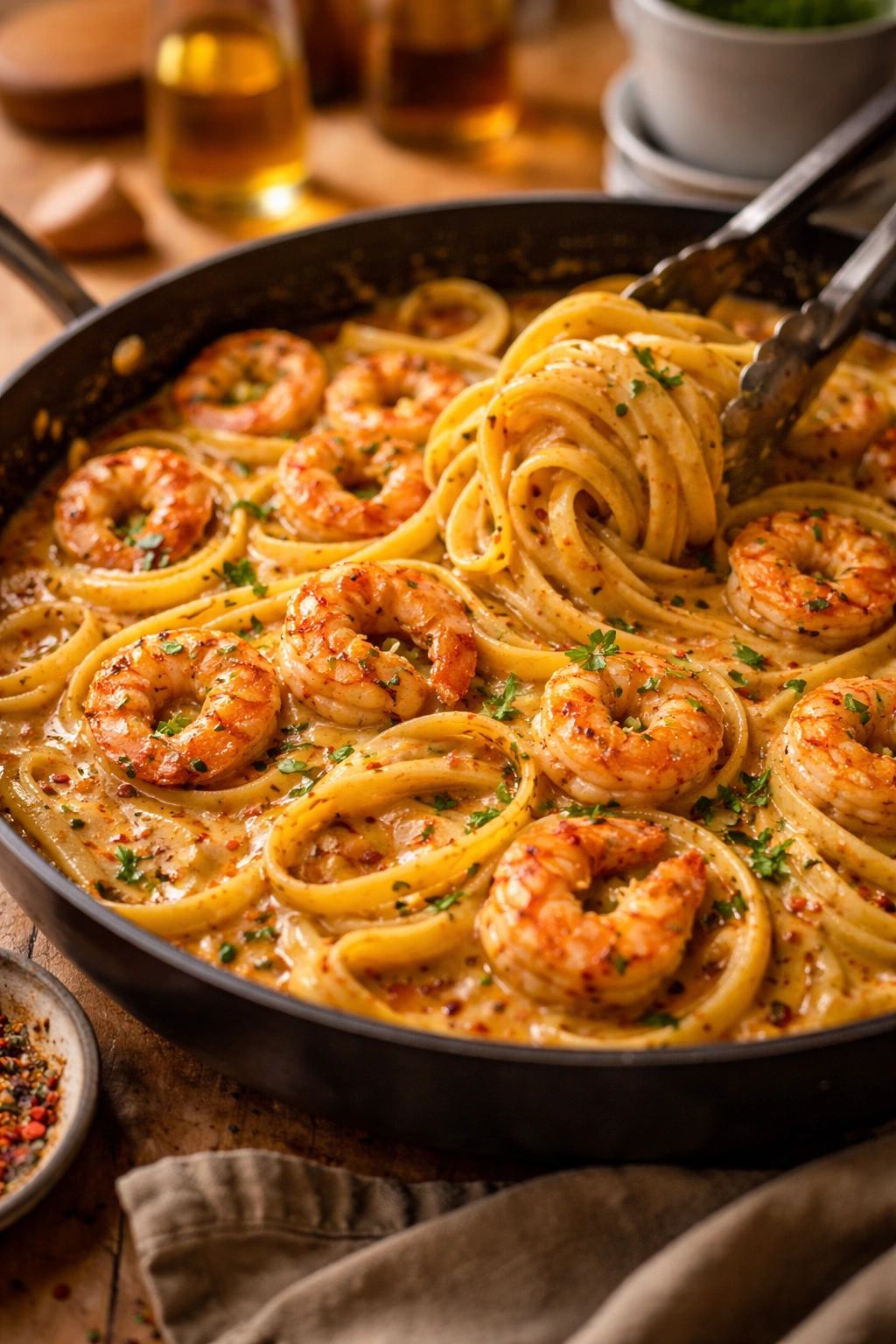 Close-up of Cajun shrimp pasta in a creamy sauce on a skillet