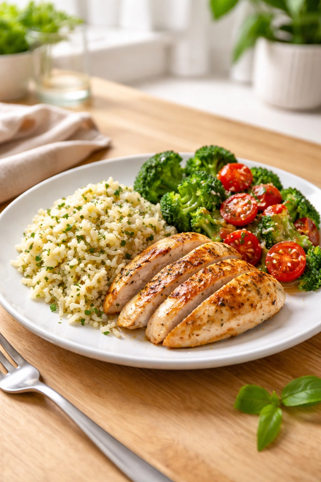 Plate of quick weeknight dinner on wooden counter, warm kitchen setting, minimal garnish