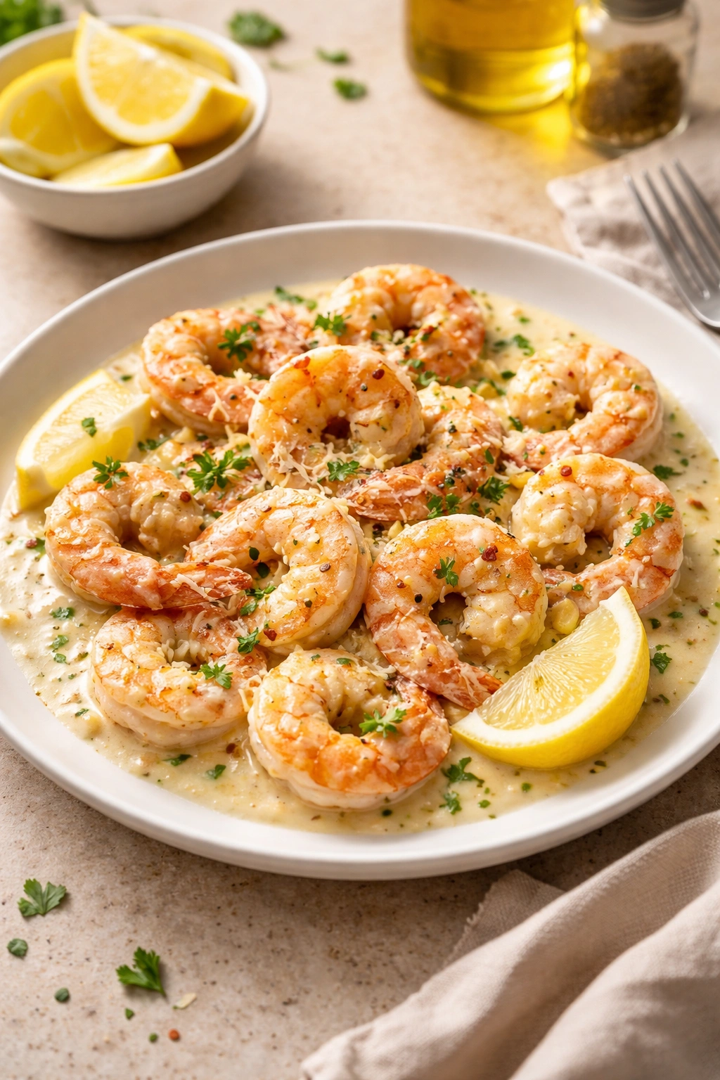 Plate of creamy garlic shrimp for a quick weeknight dinner