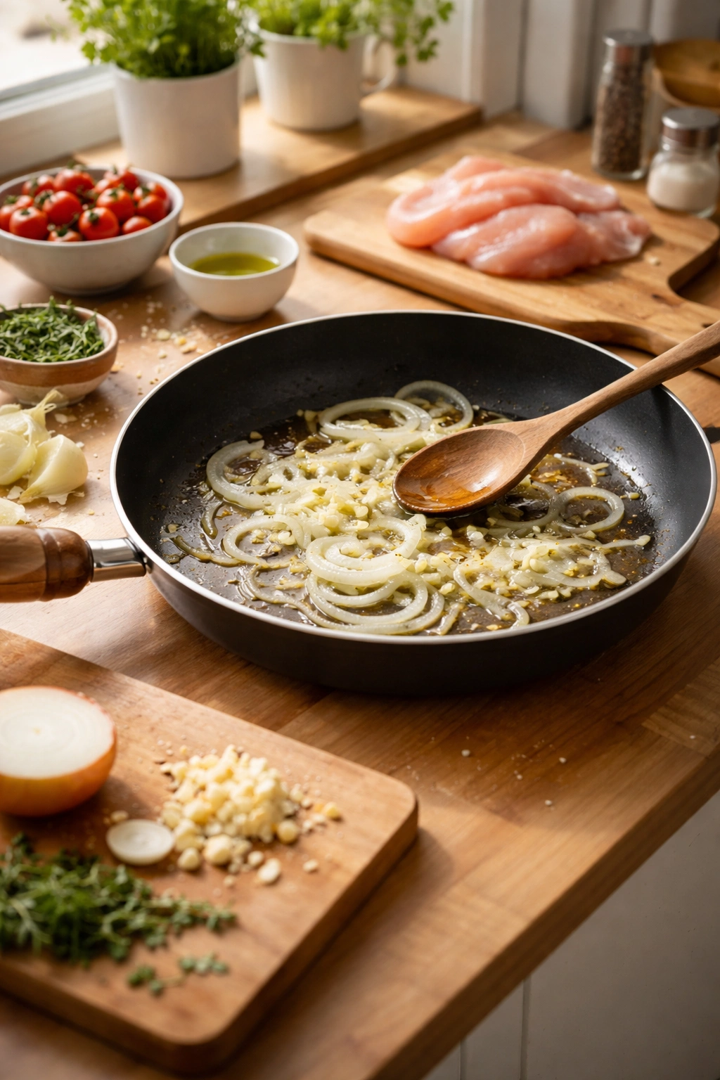 Close-up of a skillet with onions and garlic for a simple weeknight dinner