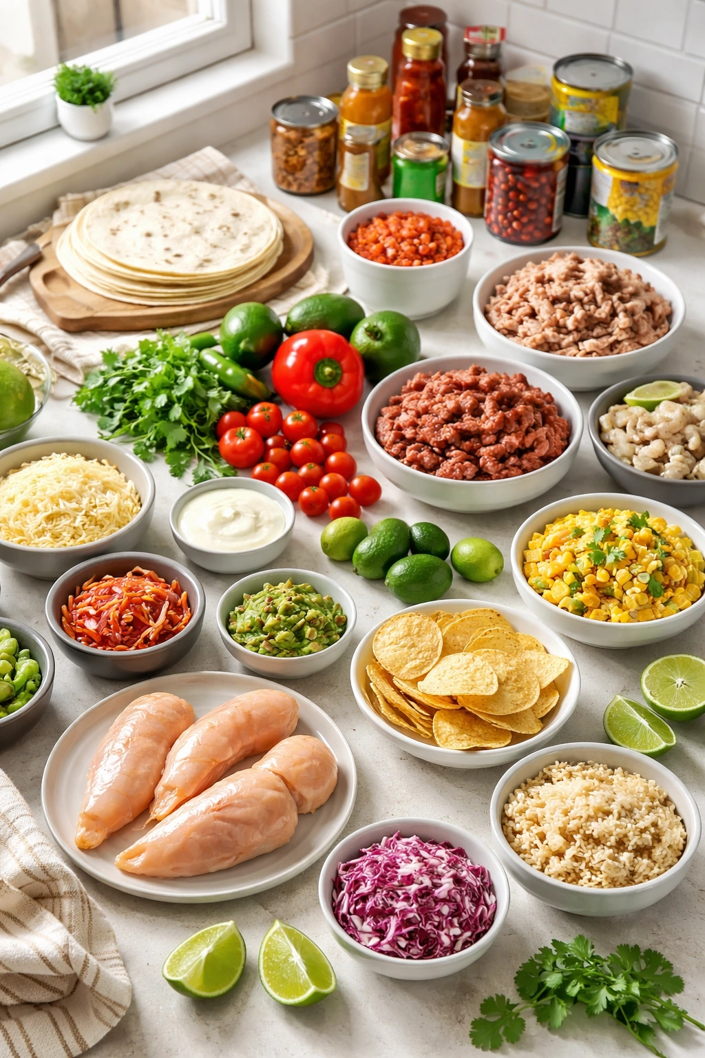 Minimalist top-down view of pantry staples arranged on a counter to suggest weeknight planning