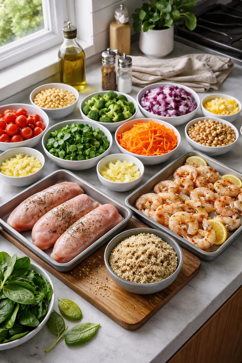 Organized kitchen prep area with pre-cut vegetables and proteins for weeknight cooking