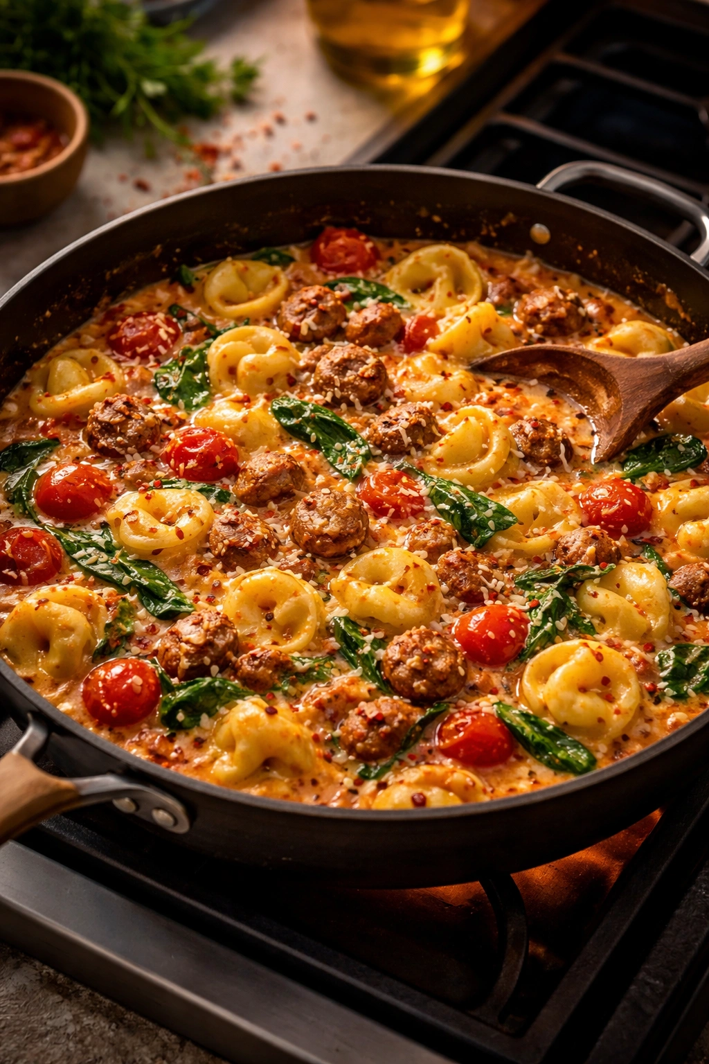 Close-up of one-pot sausage tortellini simmering in a skillet with tomato-cream sauce