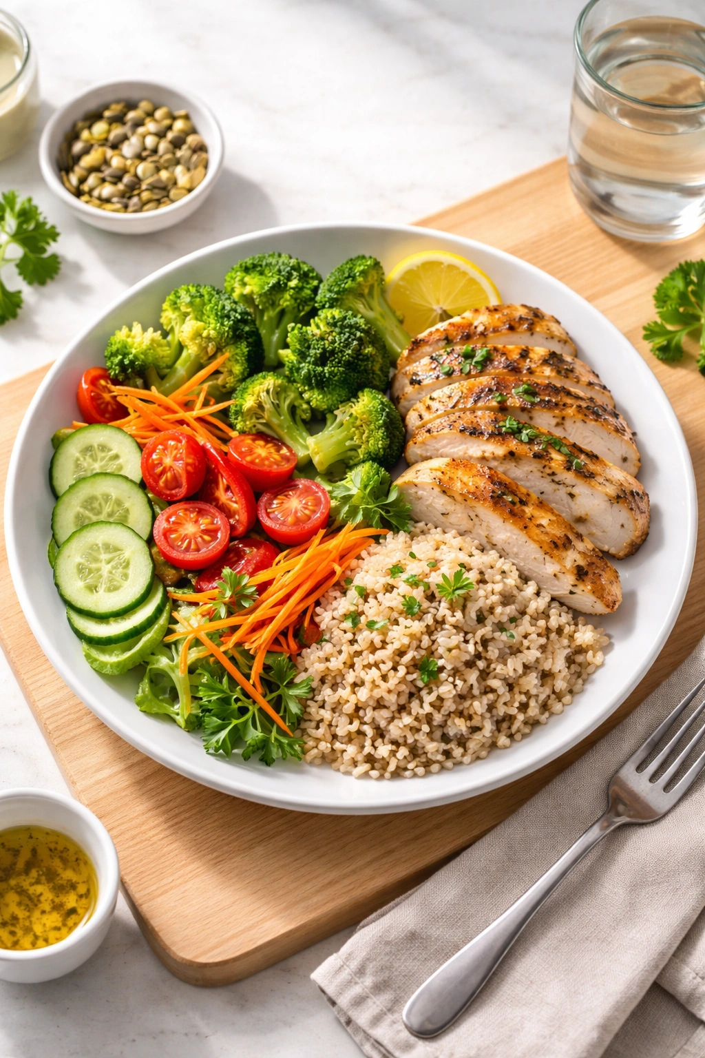 Plate with balanced weight loss proportions: vegetables, protein, grains