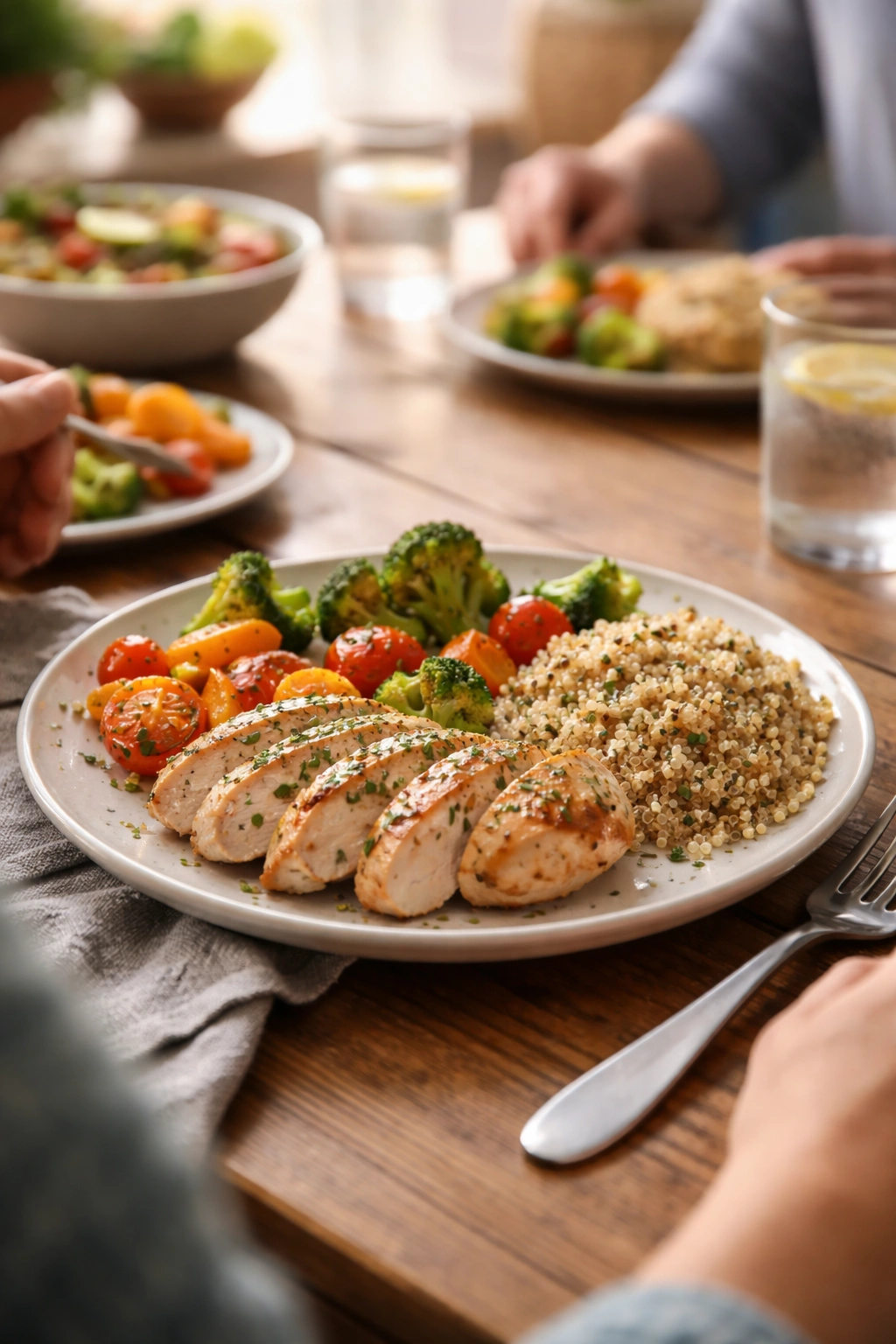 Close-up of a balanced plate with lean protein and vegetables for Weight Watchers family dinner