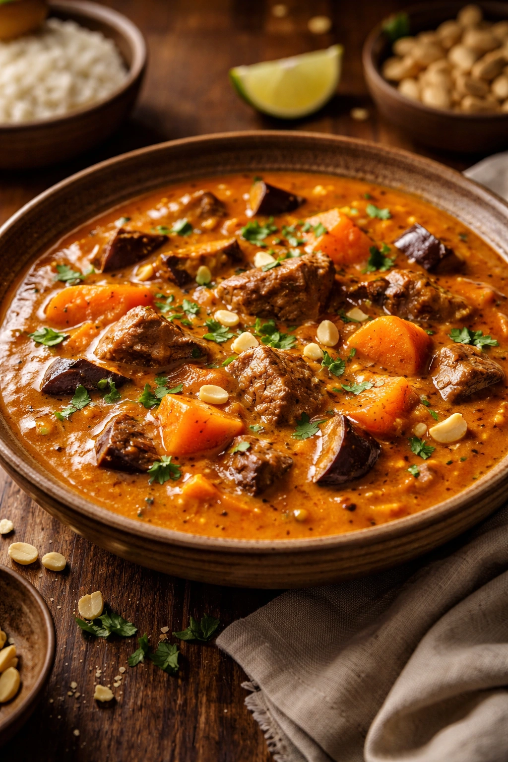 Beef in peanut stew with vegetables in rustic bowl