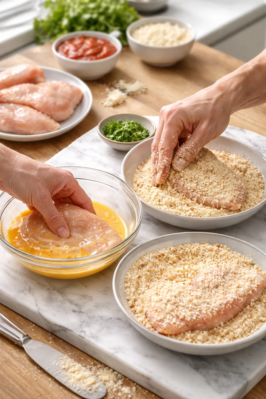 Hands showing wet and dry breading technique at a prep station