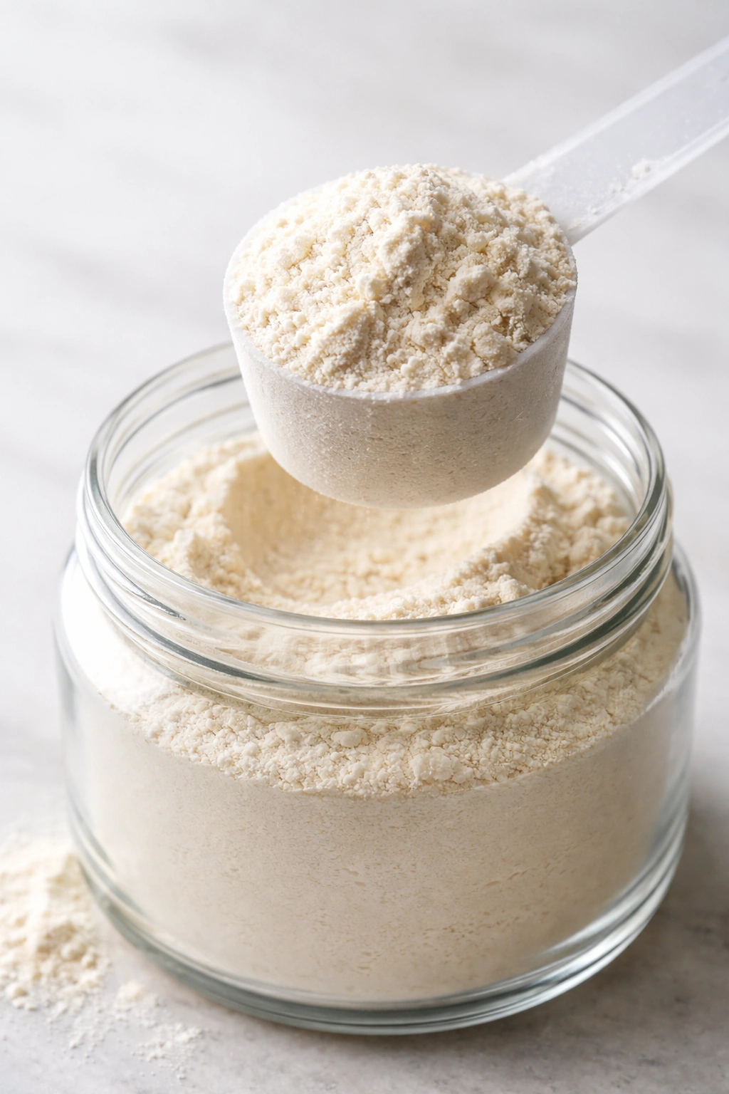 Scoop of whey protein isolate beside an unlabeled jar