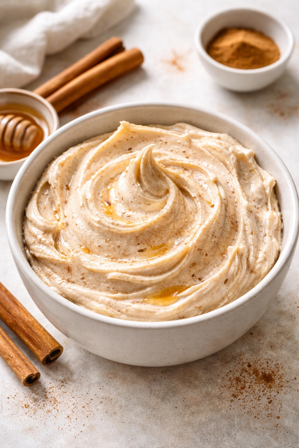 Close-up of whipped cinnamon honey butter in a glass bowl on a neutral surface, highlighting airy texture