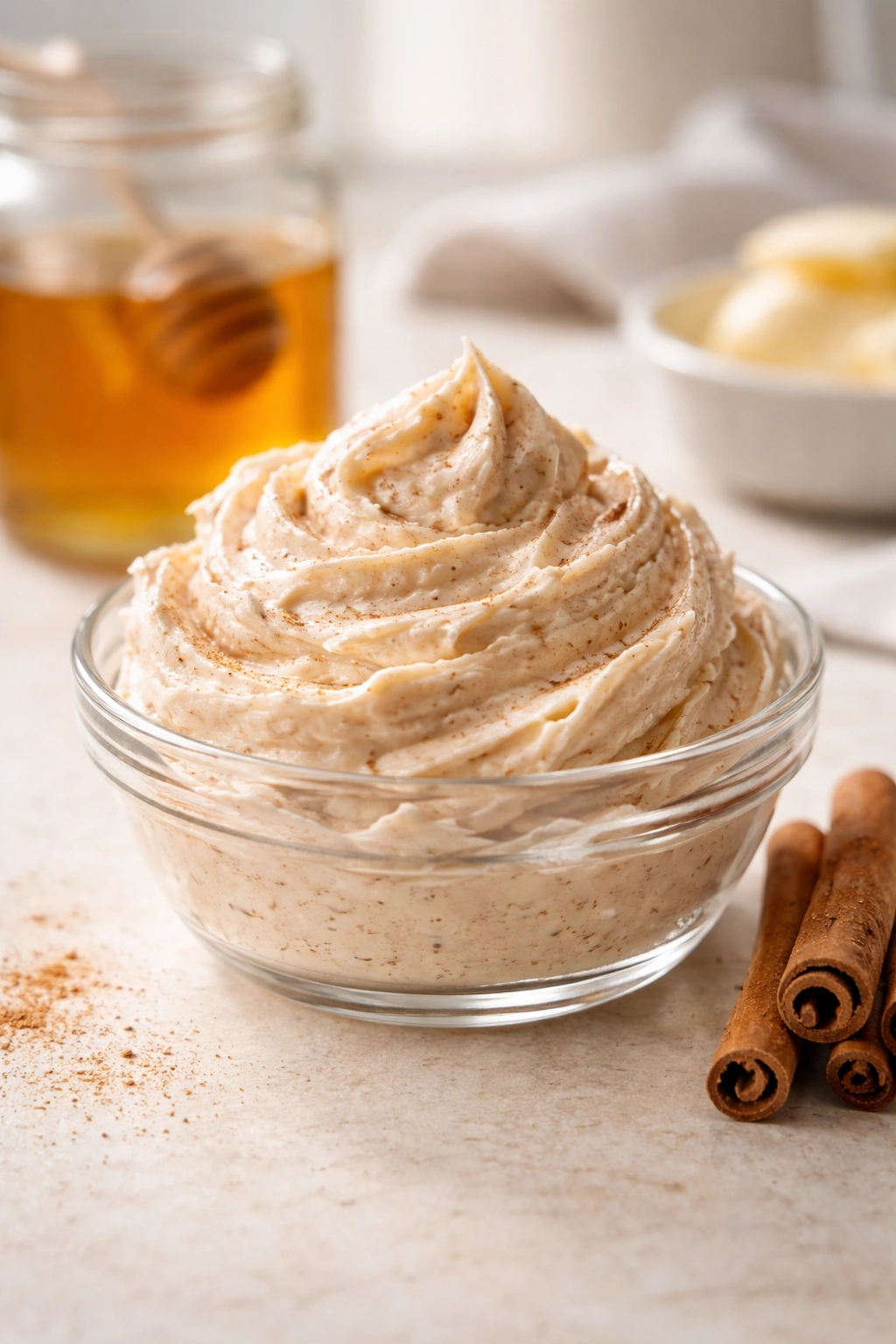 Close-up of pale whipped butter in a glass dish showing airy, spreadable texture