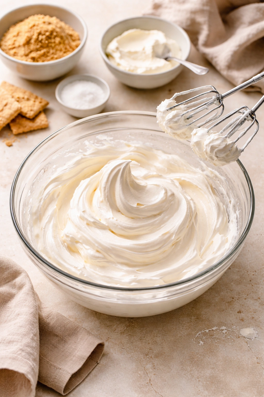 Whipped cream with stiff peaks in bowl