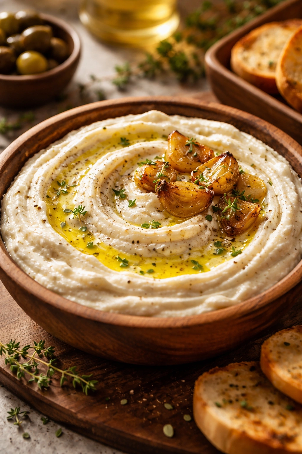 Creamy whipped feta with roasted garlic in a bowl with olive oil drizzle