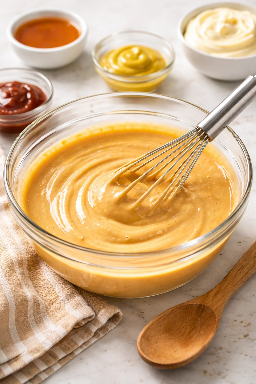 Creamy orange sauce whisked in glass bowl
