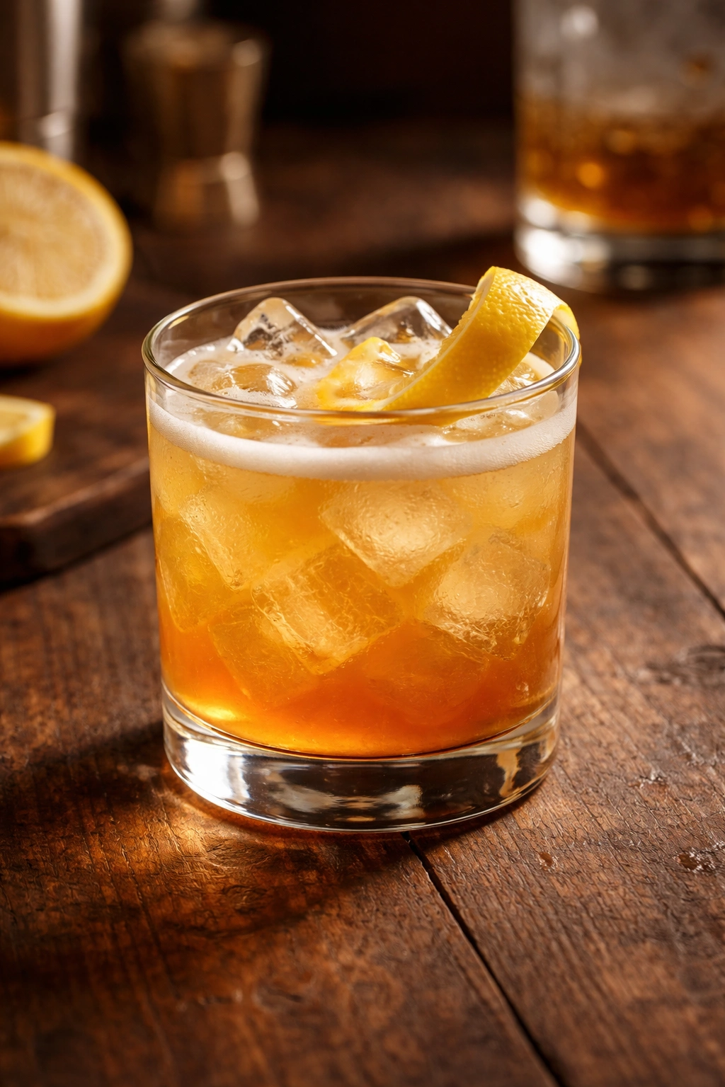 Whiskey sour in a rocks glass with lemon twist