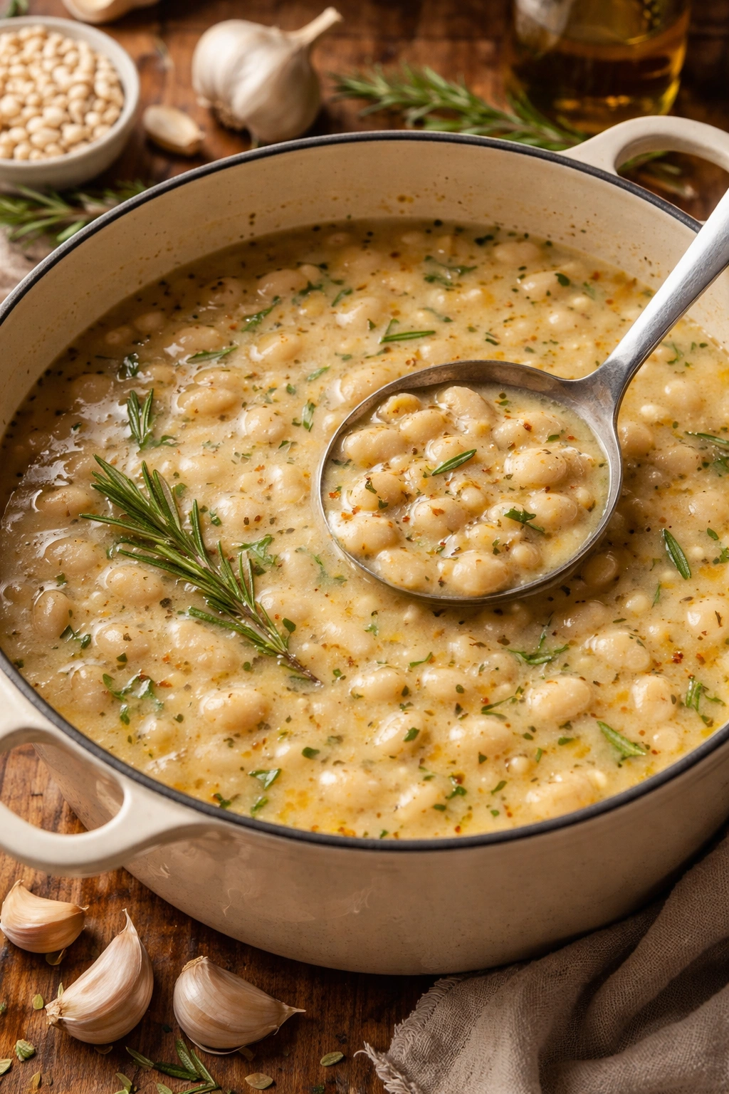 Creamy white bean garlic soup in a pot with visible beans and garlic